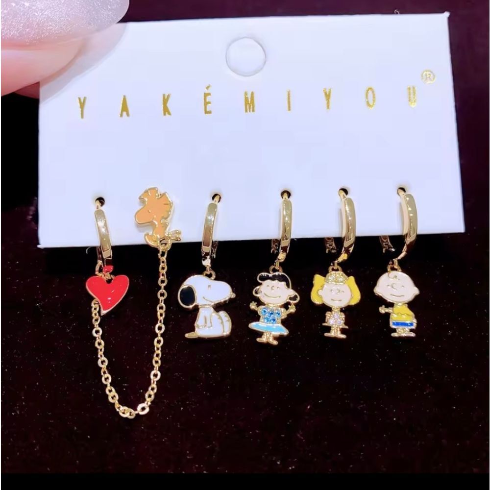 14K Gold Peanuts Gang Snoopy Theme Earrings Huggie Hoop Dangle Mismatche…